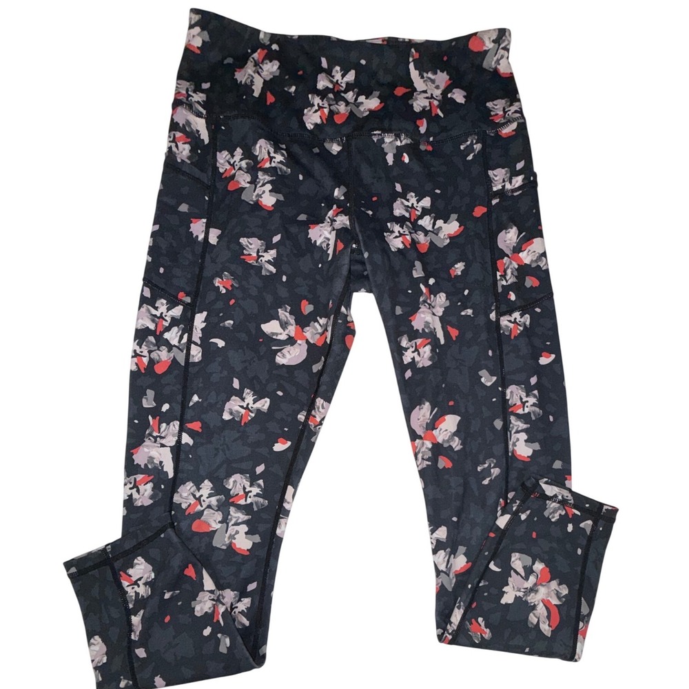 Gaiam Floral High Rise Yoga Leggings Womens L Black Grey Side Pockets